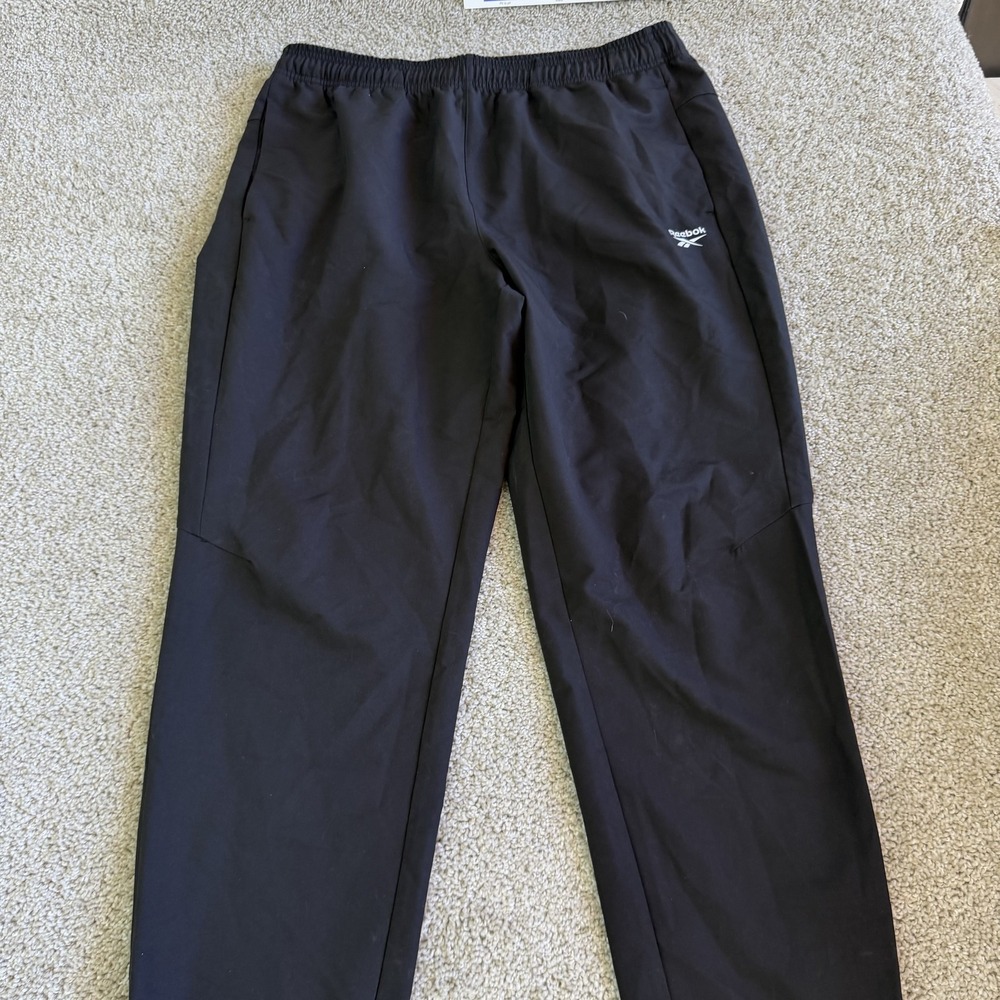 Reebok Track Pants Mens Large Black Woven Elastic Waist Pockets Tapered Cuffed